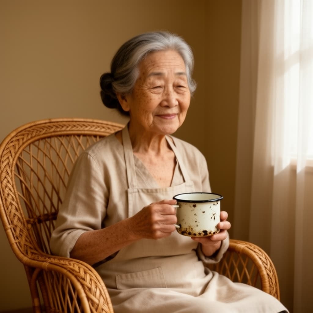 窗边的藤椅和旧杯子